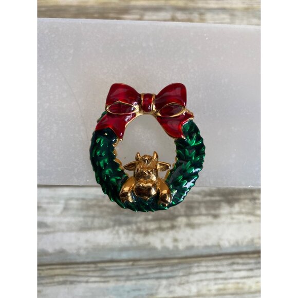 Vintage LIA by Lianna Christmas Wreath Cat Brooch Enamel Gold Holiday Pin - Picture 7 of 8
